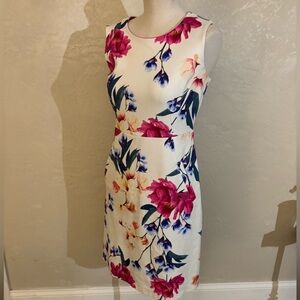 Lands End Sleeveless White Floral Sheath Dress with Pink & Blue Blooms Sz 4